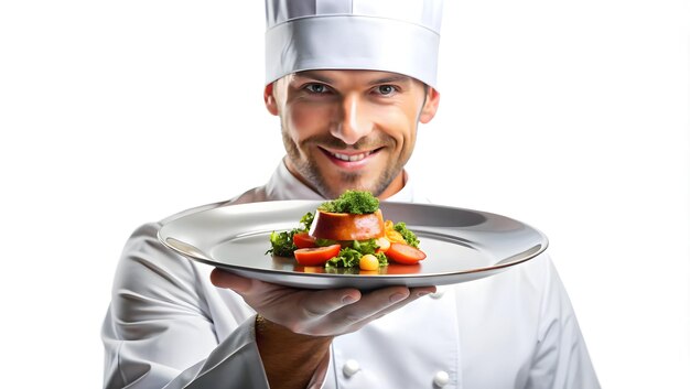 Kucharz trzymający talerz z potrawą